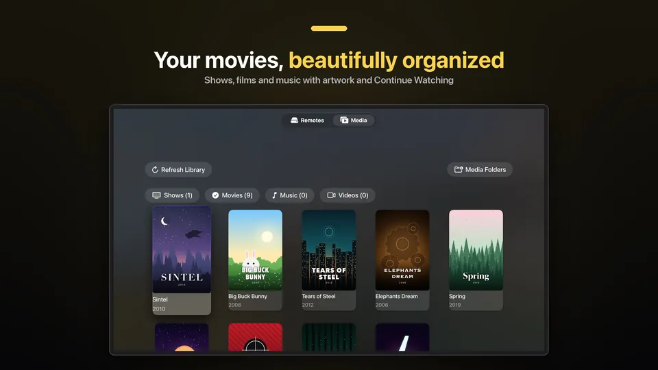 JRDrive on Apple TV: the Media tab showing a row of film posters, under the caption "Your movies, beautifully organized".