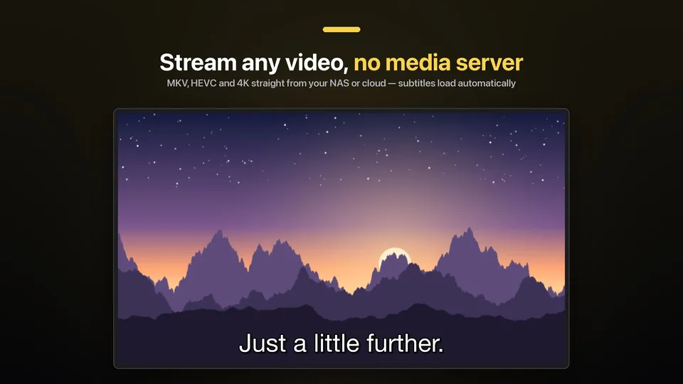 JRDrive on Apple TV: a full-screen video with subtitles, under the caption "Stream any video, no media server".
