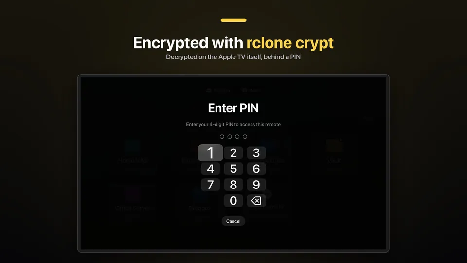 JRDrive on Apple TV: a PIN keypad for an encrypted remote, under the caption "Encrypted with rclone crypt".