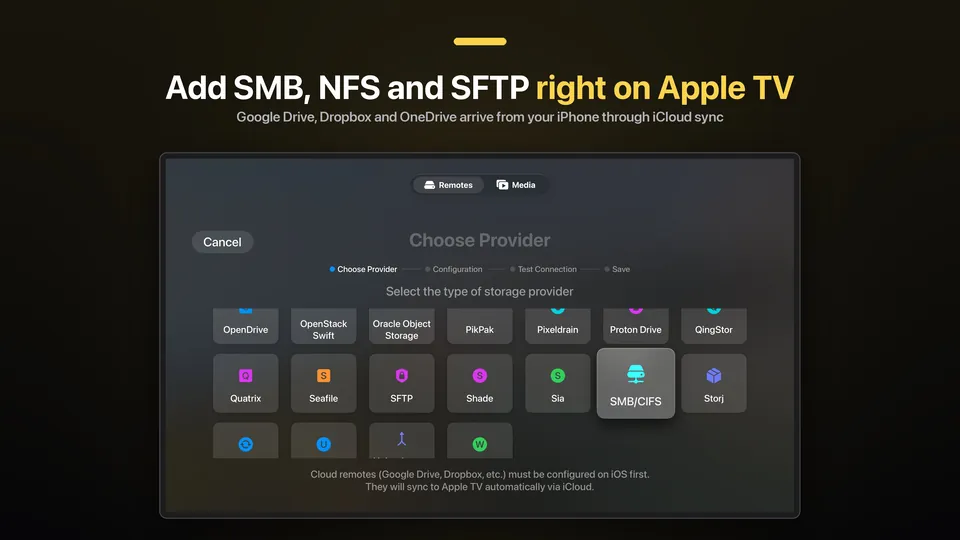 JRDrive on Apple TV: the storage provider picker with SMB/CIFS selected, under the caption "Add SMB, NFS and SFTP right on Apple TV".