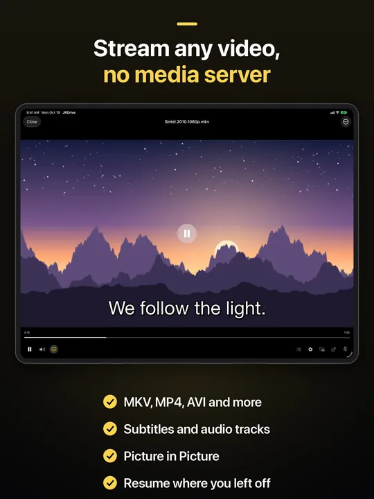 JRDrive on iPad: a video playing with subtitles, under the caption "Stream any video, no media server".