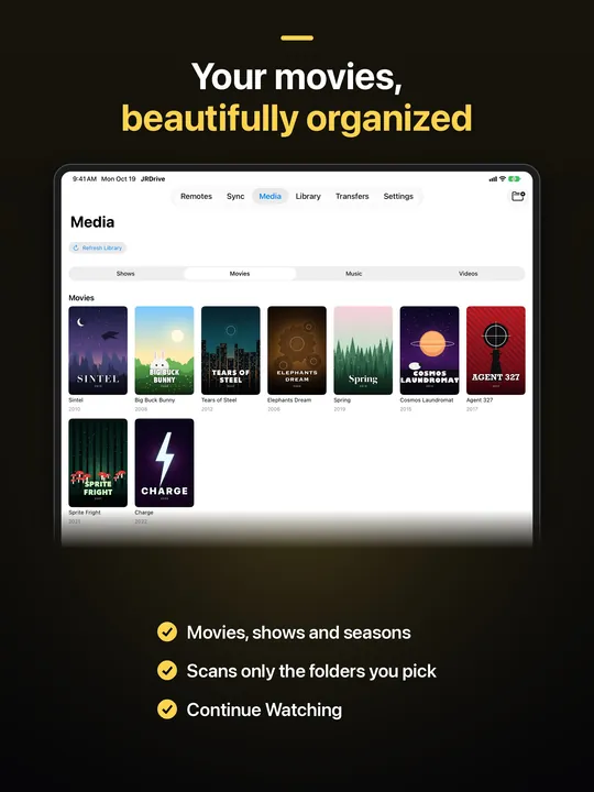 JRDrive on iPad: the Media tab showing film posters, under the caption "Your movies, beautifully organized", listing movies, shows and seasons, scanning only the folders you pick, and Continue Watching.