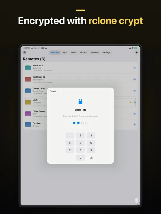 JRDrive on iPad: a PIN prompt over the remotes list, under the caption "Encrypted with rclone crypt".