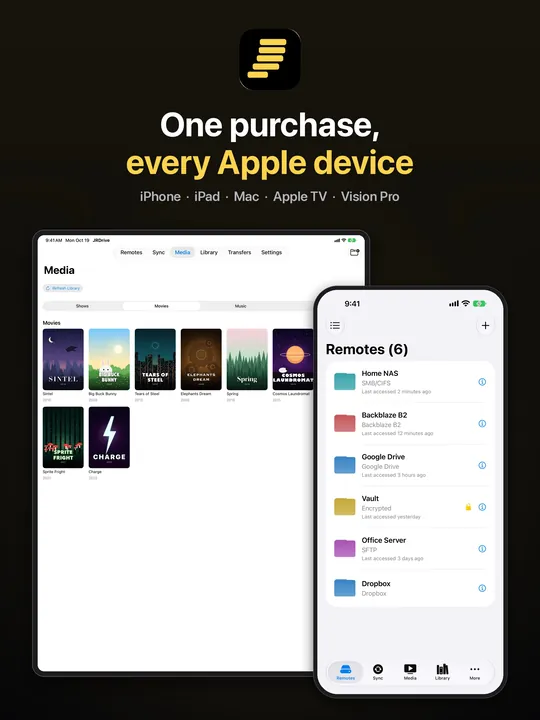 JRDrive on iPad and iPhone side by side, under the caption "One purchase, every Apple device: iPhone, iPad, Mac, Apple TV, Vision Pro".