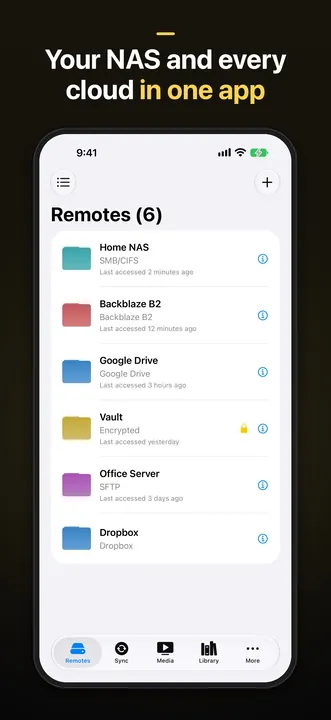 JRDrive on iPhone: a list of six remotes (Home NAS over SMB, Backblaze B2, Google Drive, an encrypted Vault, an SFTP Office Server and Dropbox), under the caption "Your NAS and every cloud in one app".