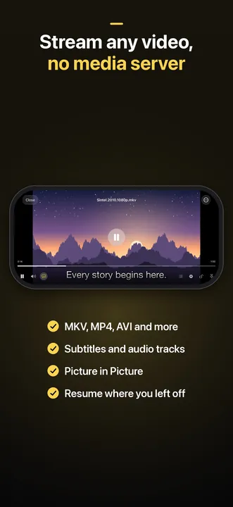 JRDrive on iPhone: a landscape video playing with subtitles, under the caption "Stream any video, no media server", listing MKV, MP4, AVI and more, subtitles and audio tracks, Picture in Picture and resume where you left off.
