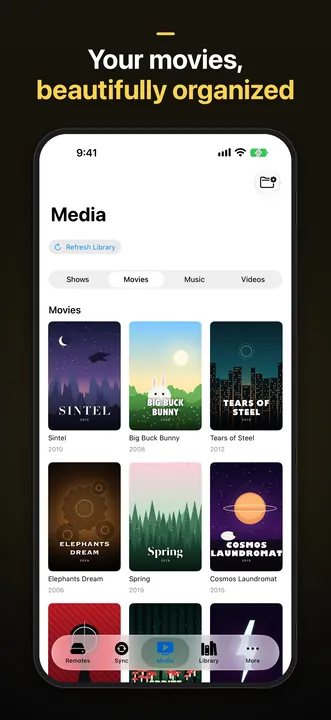 JRDrive on iPhone: the Media tab showing a grid of film posters, under the caption "Your movies, beautifully organized".