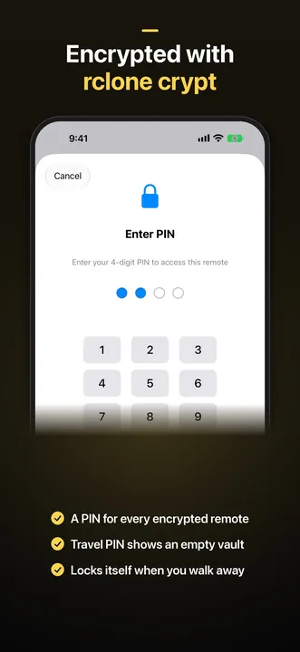 JRDrive on iPhone: a PIN entry screen for an encrypted remote, under the caption "Encrypted with rclone crypt", listing a PIN for every encrypted remote, a travel PIN that shows an empty vault, and auto-lock.