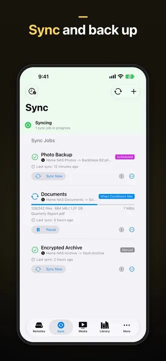JRDrive on iPhone: the Sync tab with Photo Backup, Documents and Encrypted Archive sync jobs, under the caption "Sync and back up".
