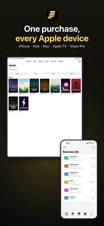 JRDrive on iPad and iPhone side by side, under the caption "One purchase, every Apple device: iPhone, iPad, Mac, Apple TV, Vision Pro".