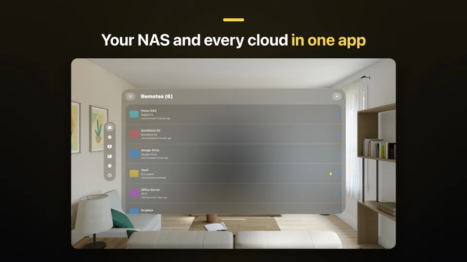 JRDrive on Apple Vision Pro: the remotes list in a window floating in a living room, under the caption "Your NAS and every cloud in one app".