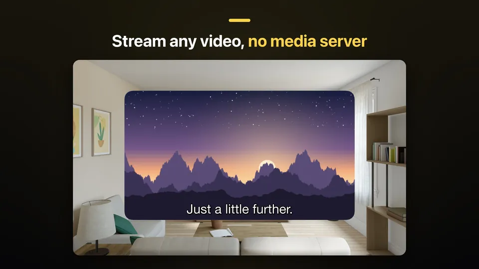 JRDrive on Apple Vision Pro: a video with subtitles playing in a window in a living room, under the caption "Stream any video, no media server".