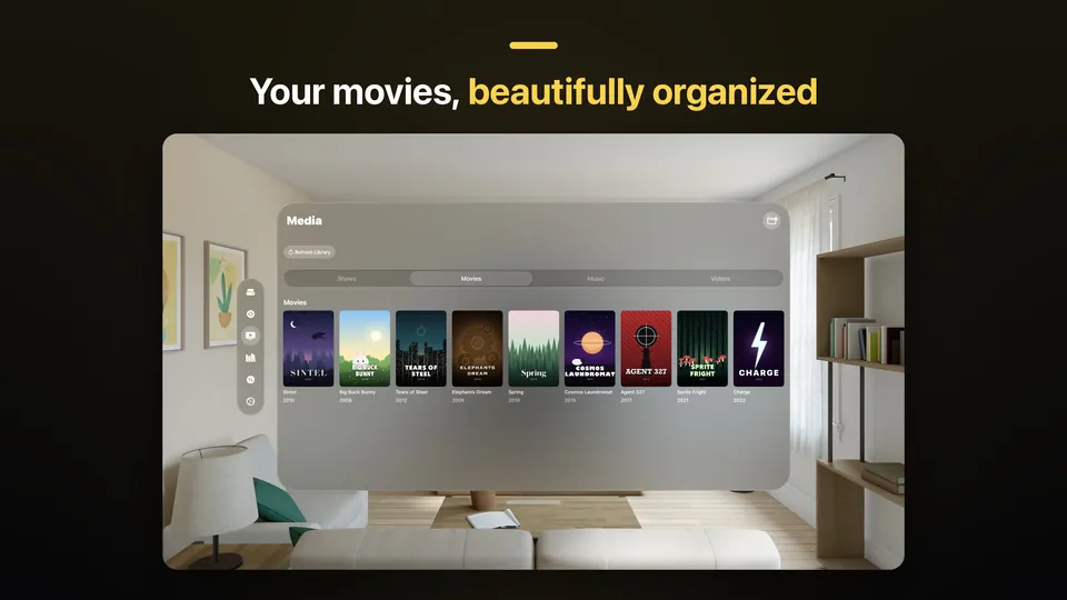 JRDrive on Apple Vision Pro: the Media tab with film posters in a window in a living room, under the caption "Your movies, beautifully organized".