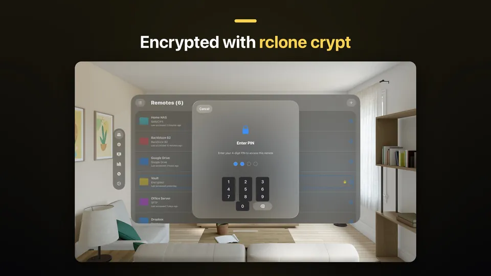 JRDrive on Apple Vision Pro: a PIN keypad over the remotes list, under the caption "Encrypted with rclone crypt".