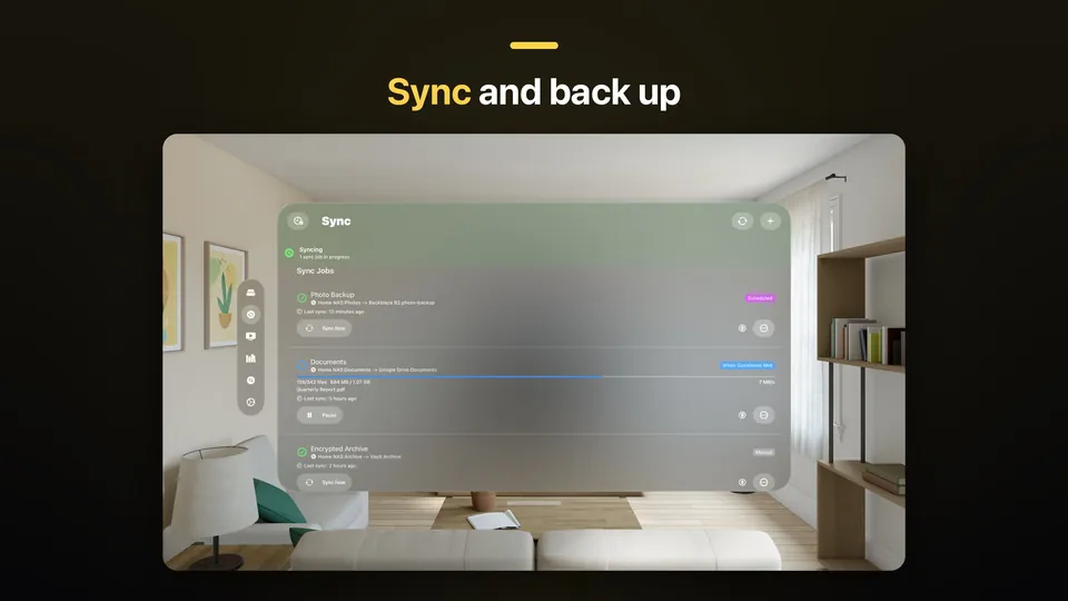 JRDrive on Apple Vision Pro: the Sync window with sync jobs, under the caption "Sync and back up".