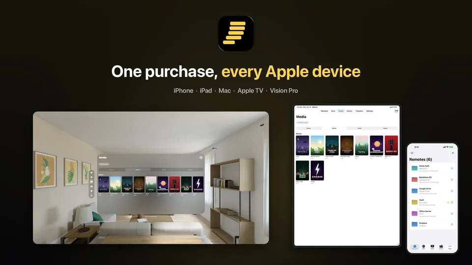 JRDrive on Apple Vision Pro, iPad and iPhone together, under the caption "One purchase, every Apple device".